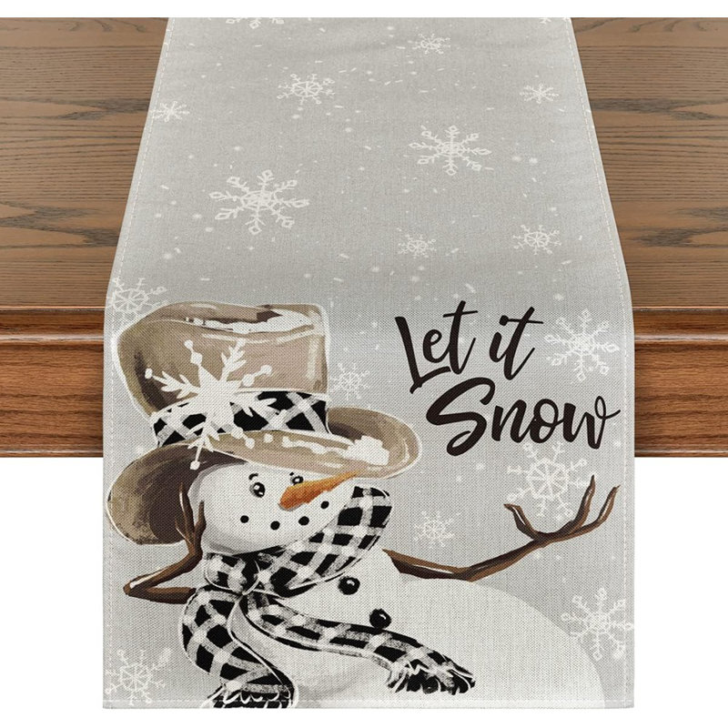 Grey Snowman Snowflake Let It Snow Christmas Table Runner, Seasonal Winter Kitchen Dining Table Decor For Home Party Indoor 13X72 Inch