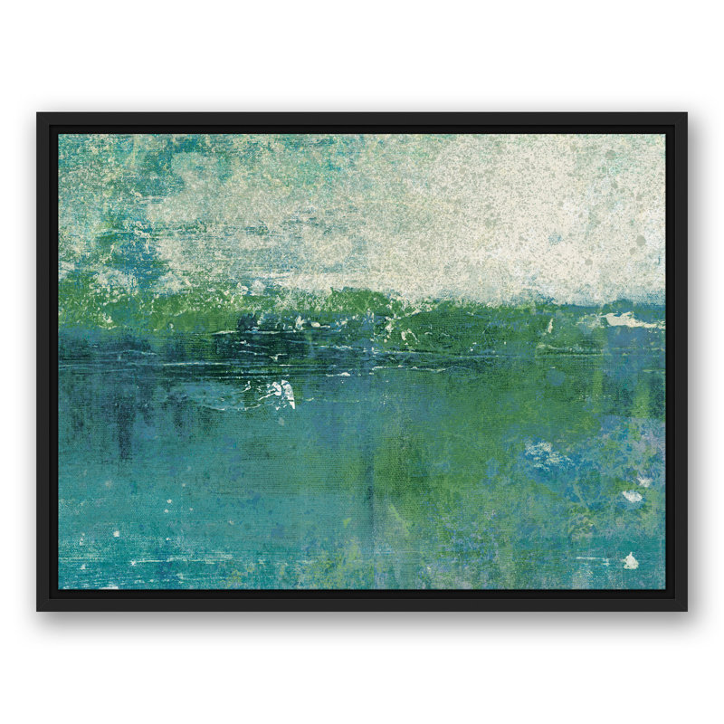 « blue green littoral abstract black », reproduction de peinture à l’acrylique, H 18 po x l 24 po, Cadre noir