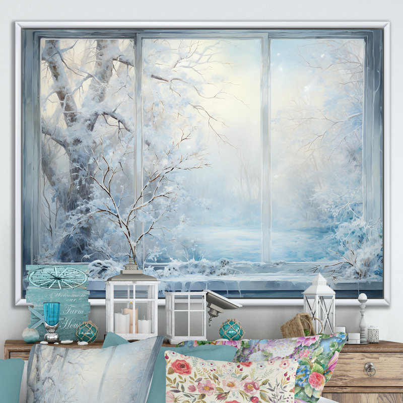Winter River Window View IV - Winter Landscape, art mural, Cadre flottant blanc, H 12 po x l 20 po x P 1 po