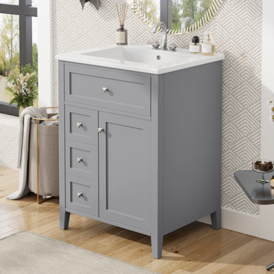 24" Gray Bathroom Vanity With Sink, MDF & Rubberwood, 3 Drawers, Cabinet With Adjustable Shelves, Modern Design | Gift Idea