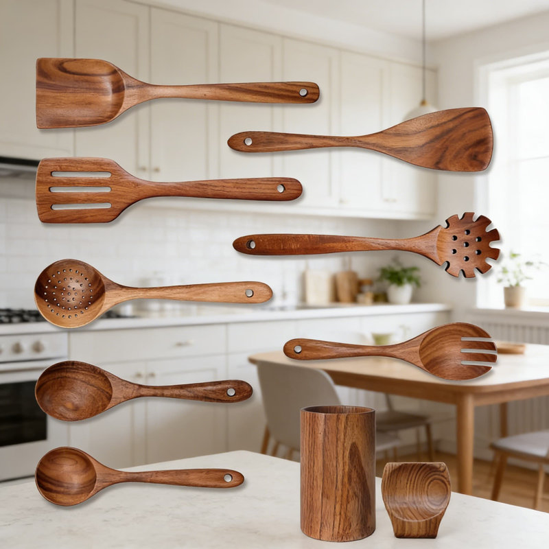 10-Piece Wooden Kitchen Utensil Set With Holder & Spoon Rest - Natural Wood Cooking Spoons, Spatulas, Pasta Server, Salad Fork, Skimmer For Non-Stick Cookware