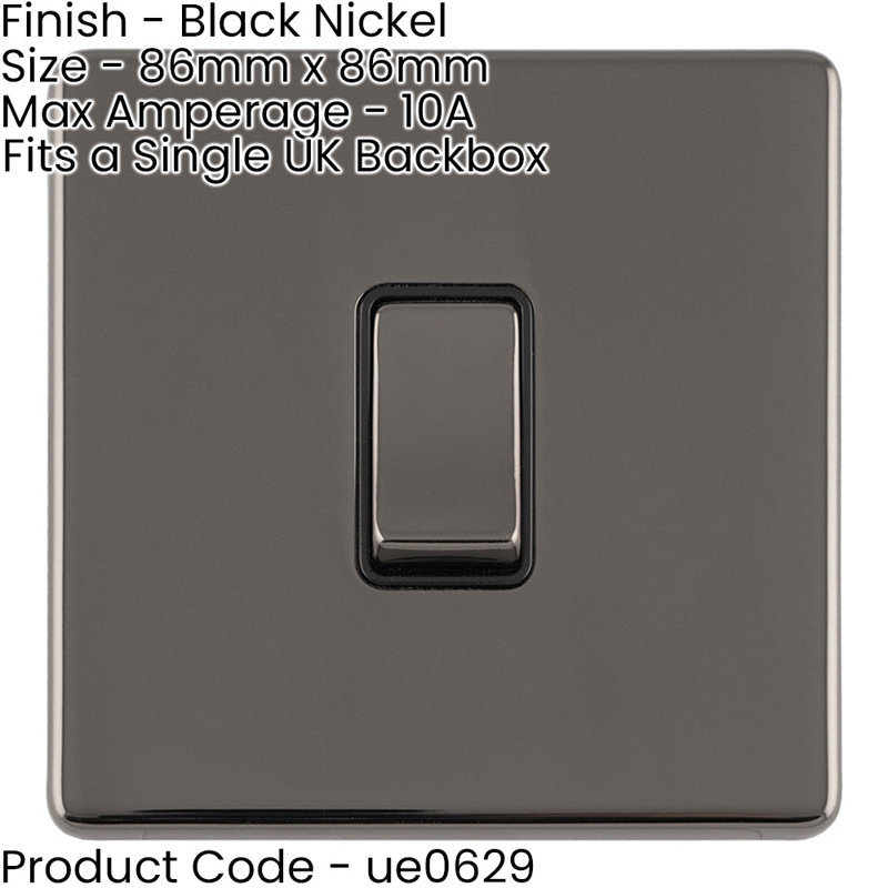 1 Gang Single Light Switch SCREWLESS  2 Way 10A Metal Rocker Slim, Black, Satin Black