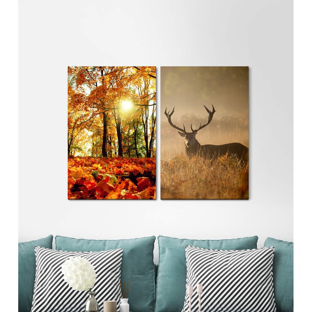 2-tlg. Leinwandbilder-Set - Fotografie „Forest Autumn Foliage Deer Antlers Warm Light Peace”