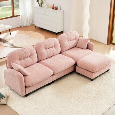 Canapé 3 L en forme de chenille rose, conception ergonomique, avec repose-pieds mobile modulaire rose, éponge haute, dossier plissé, pour la maison
