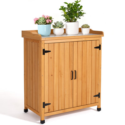  Outdoor Potting Bench with Metal Work Top - Waterproof Garden Storage Cabinet, Wooden Tool Station Shed for Backyard, Patio, Lawn Gardening