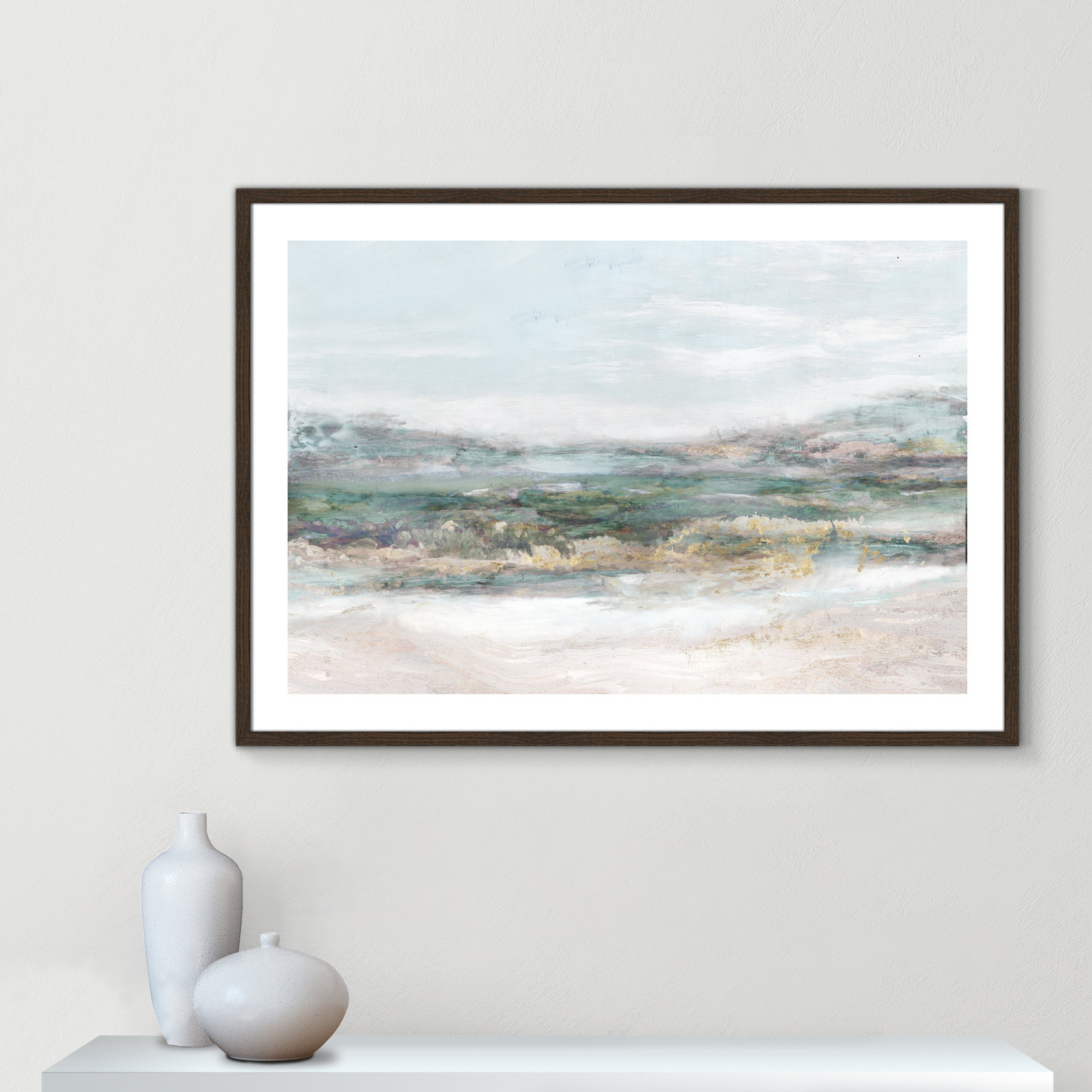 Lori "Dazzling" Painting by Matina Theodosiou, White, 29.5" H x 41.5" W x 0.75" D, Walnut Wood Grain Framed Paper