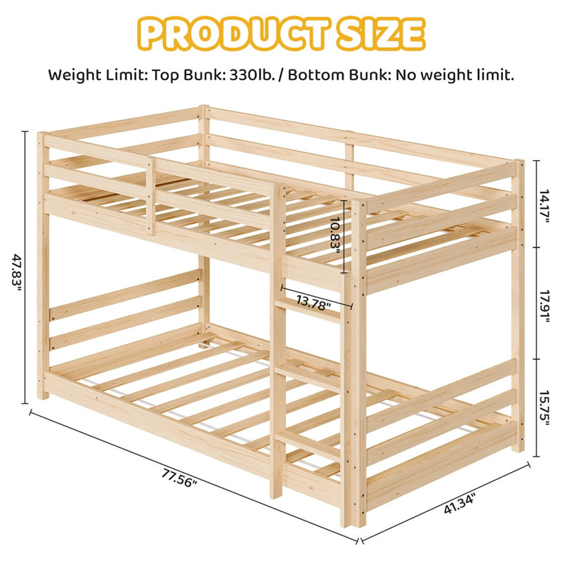 Kids Low Floor Bunk Bed Twin Over Twin With Guard Rails And Stairs, Beige