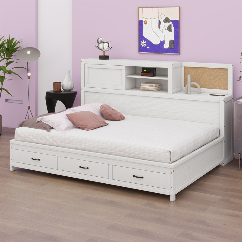 Wooden Daybed With 3 Storage Drawers, Upper Soft Board, Shelf, And A Set Of Sockets And USB Ports, White