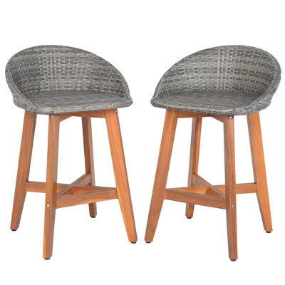 Outdoor Faux Rattan Bar Chairs Solid Acacia Wood Bar Stools For Porch