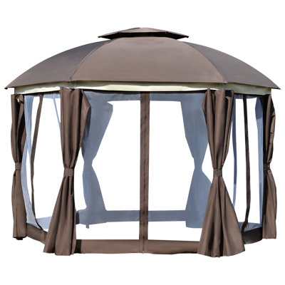 12' X Outdoor Gazebo - Double Roof Canopy, Brown. Construction. For Parties, Picnics, Gardens. With Mesh Netting & Privacy Curtains Tier Roof, Strong Steel Ideal For Garden Picnics. Sidewalls,