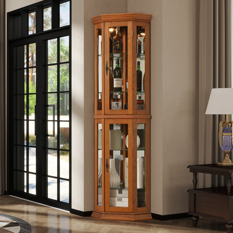 Corner Curio Cabinet with Lights, Adjustable Tempered Glass Shelves, Mirrored Back, Display Cabinet (E26 light bulb not included)