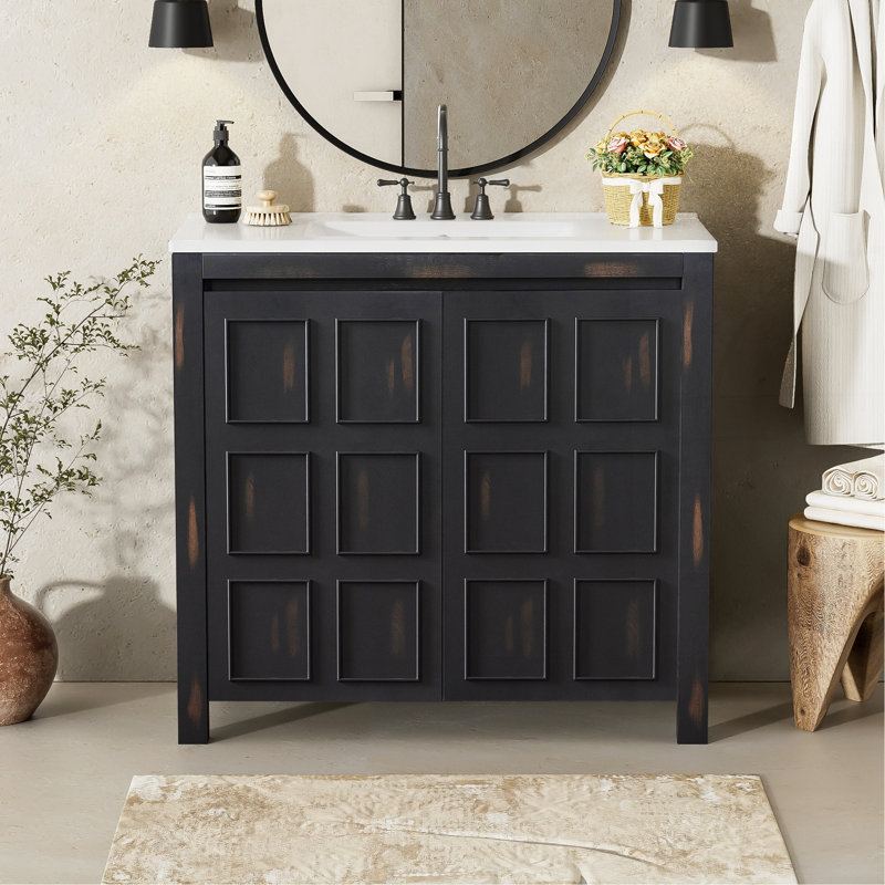 Organisateur de meuble-lavabo 36 po avec lavabo en céramique, ensemble de rangement pour salle de bain, espresso rétro