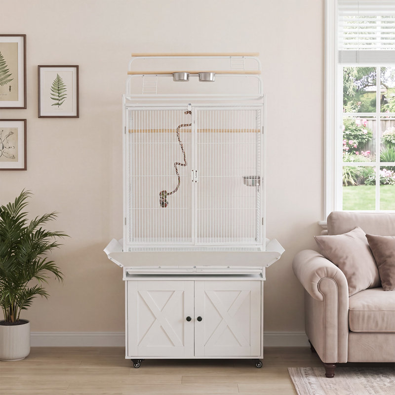 70 in. Particle Board / Chipboard Flat Top Floor Bird Cage with Wheels with Stand with Perch with Tray, Blanc