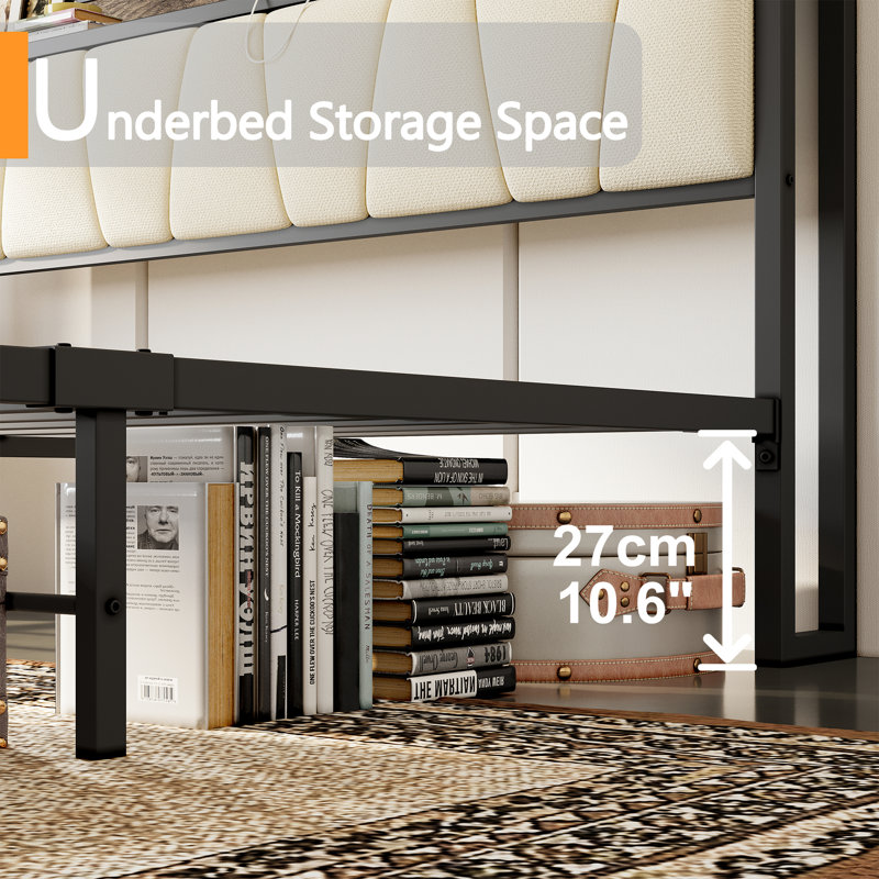 Platform Bed Frame with Storage, Upholstere Headboard with Charging Station, Sturdy Metal Support, Noise-Free, No Box Spring Needed, Easy Assembly