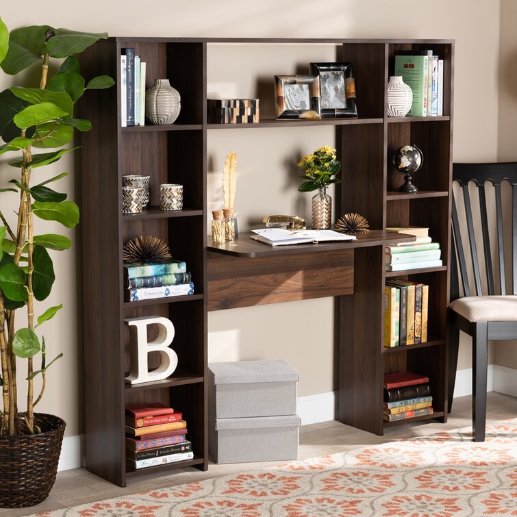 Jakeia Modern And Contemporary Walnut Brown Finished Wood Storage Computer Desk With Shelves