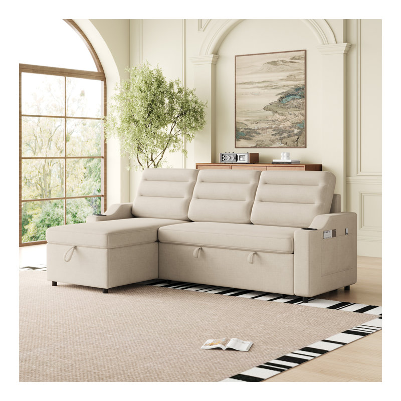 83.5" Convertible Sleeper Combo Sofa, Convertible Sofa Bed Polyester Pullout Bed with Storage Recliner and Cup Holder for Living Room, Tight Spaces