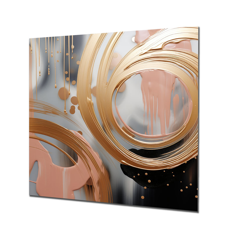 Abstrait, encre liquide or et rose, encre liquide V - formes abstraites, art mural en métal, H 36 po x l 36 po