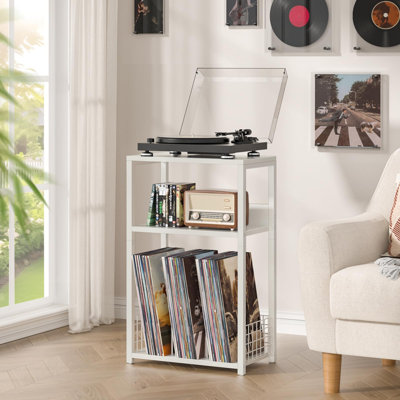 Small 3-Tier Record Player Stand with Vinyl Storage, Open Shelves & Compact Side Table Design