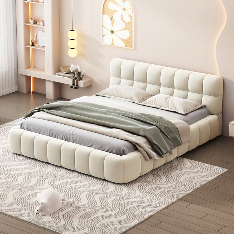 Upholstered Bed, Beige, European Double (140 x 200 cm)