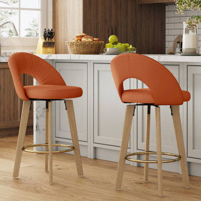 Tabouret de bar pivotant Mid-Century de 26 po, tabouret de bar rembourré en similicuir avec dossier découpé et pieds en bois massif