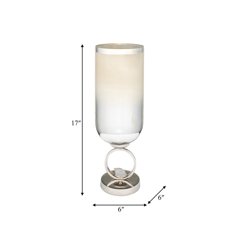 Decorative Glass Vase with Metal Stone and Aluminum Base Featuring Modern Circular Accent Design, 17" H x 6" W x 6" D