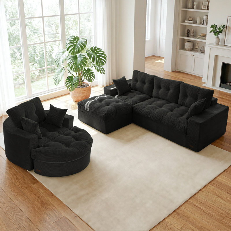 Sofa Couch And Chaise Lounge Set,Corduroy Boneless Floor Sofa Bed For Living Room, Black