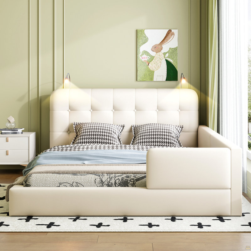 Grand lit plateforme tapissier avec 2 lampes de lecture