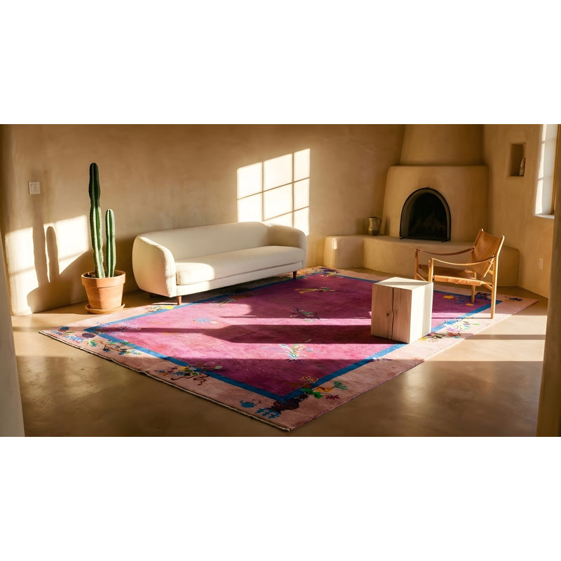 Hand Knotted Pile Fuchsia / Pink 1920s Rectangle Wool Antique Rug