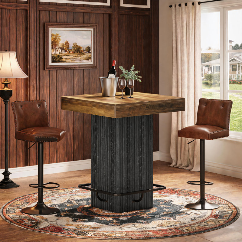 31.5 Inch Square Dining Table Counter Height Kitchen Table with Fluted Pedestal and Metal Footrest, Brown/Black