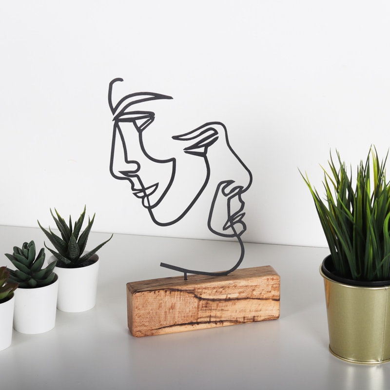 Objet décoratif en métal avec base en bois, finition noire, 6,7 x 15,0 x 1,4 pouces | 100% métal (épaisseur de 2 mm) | Conception unique, parfaite pour la décoration intérieure, les décorations de bureau et l'esthétique moderne