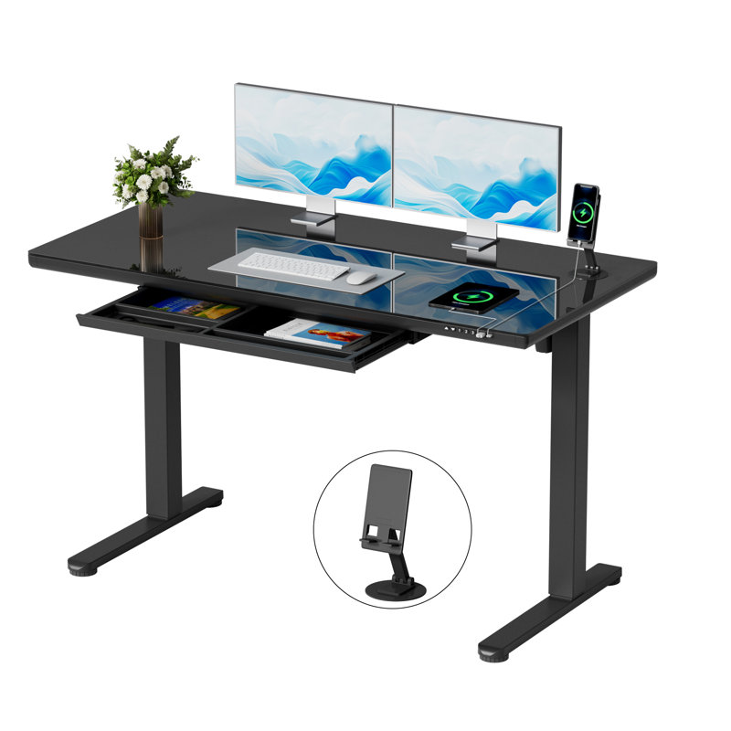 47" Glass Top Height Adjustable Standing Desk with Drawer and USB Charging, Computer Desk with LED Display and Mobile Phone Stand, Black