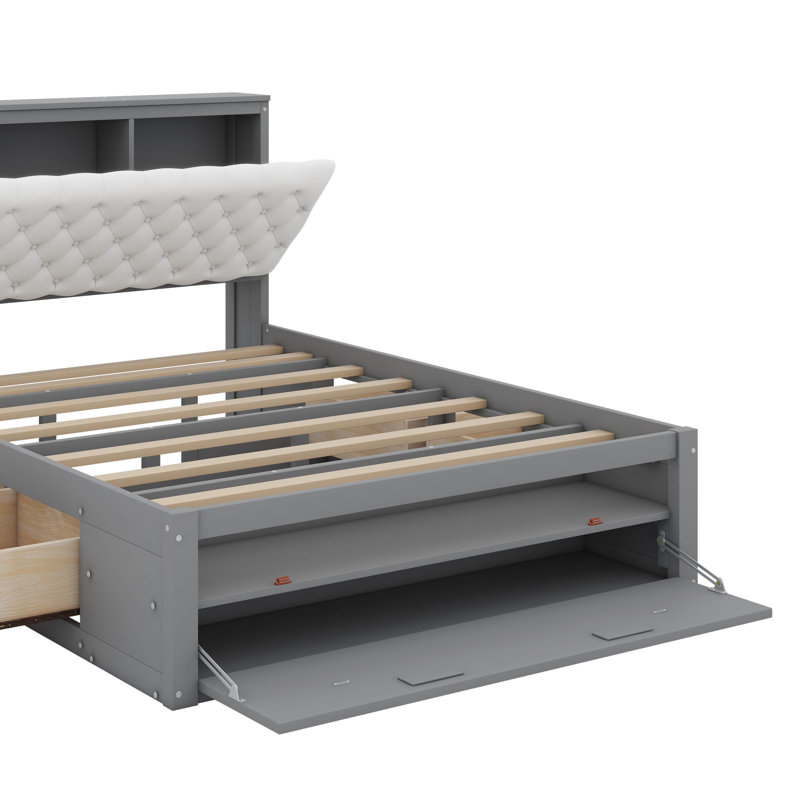 Grand lit plateforme avec tête de lit, étagère à chaussures et tiroirs, Gris