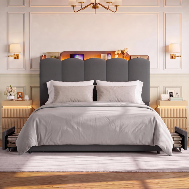 Ensemble de chambre à coucher 3 pièces, gris, Queen