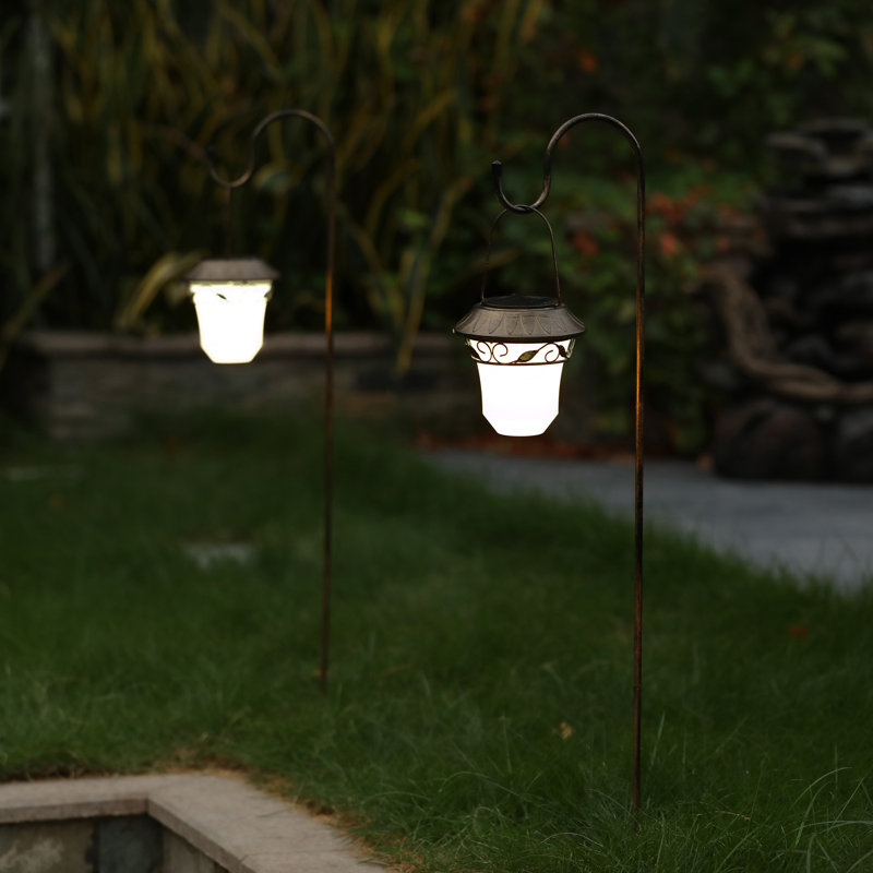 Set of 2 Solar-Powered Leaf Design Hanging Lanterns with Shepherd Hooks