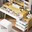 Coiffeuse à maquillage avec tablettes ouvertes, grand miroir et 6 tiroirs de rangement