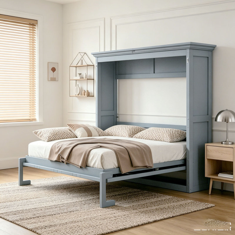 Lit escamotable double, peut être plié dans une armoire, Gris, Double