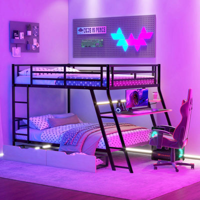 Lit superposé double en métal avec bureau d'étude intégré, luminaire à DEL et deux tiroirs de rangement pratiques, noir