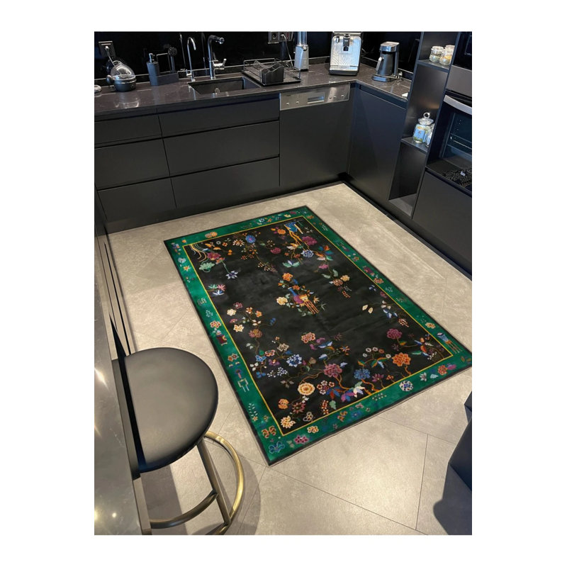 Tapis décoratif noir à motif floral noir, Rectangle 5 pi 2 po x 7 pi 7 po