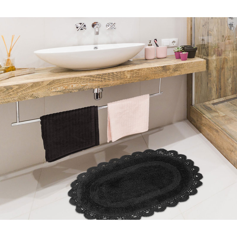 Winfree Cotton Non-Slip Bath Rug, Black, 30" W x 20" L