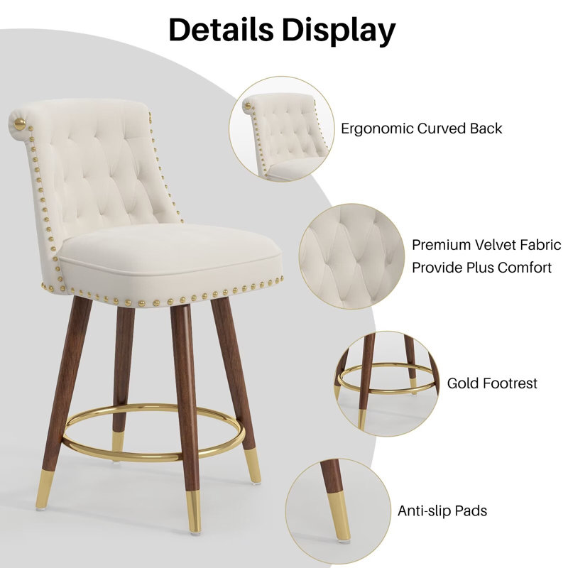 Beige Velvet Upholstered 24" Swivel Counter Stools with Wood Legs
