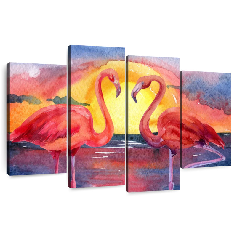 Flamants et coucher de soleil, H 54 po x l 84 po