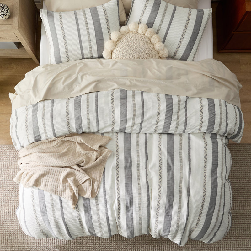 Housse de couette 100% coton tissé gaufré - en solde, Housse de couette grand et 2 taies d'oreiller stan, Strip White