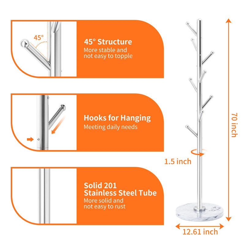 Stainless Steel Freestanding Coat Rack with Marble Base