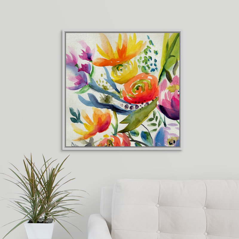 « summer spectrum iv », peinture sur toile, H 31,7 po x l 31,7 po x P 1,75 po, Cadre flottant blanc