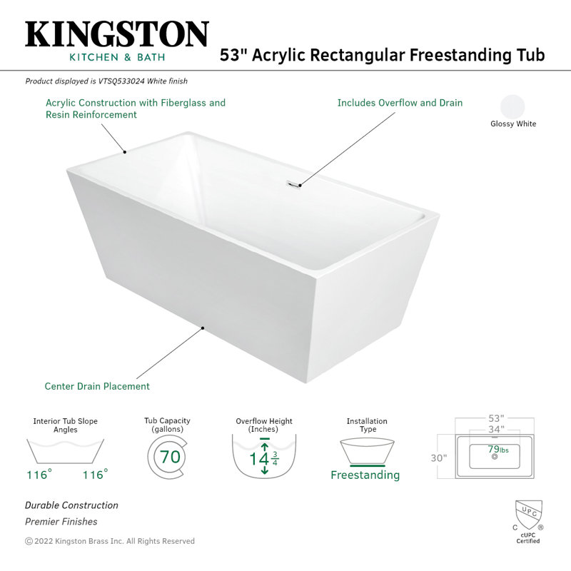 Kingston Brass Aqua Eden 53-Inch Acrylic Rectangular Double Ended Freestanding Tub with Drain