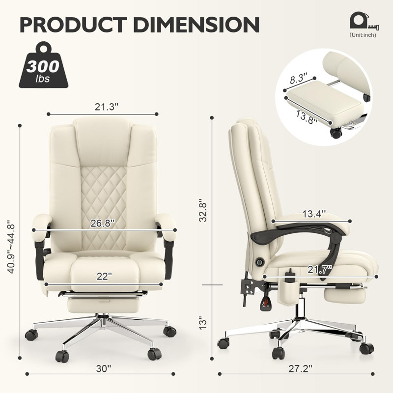 Fauteuil de massage Massage avec repose-pieds, chaise de bureau grande et haute, chaise d'ordinateur ergonomique Leathaire à haut dossier avec support lombaire réglable et hauteur du dossier