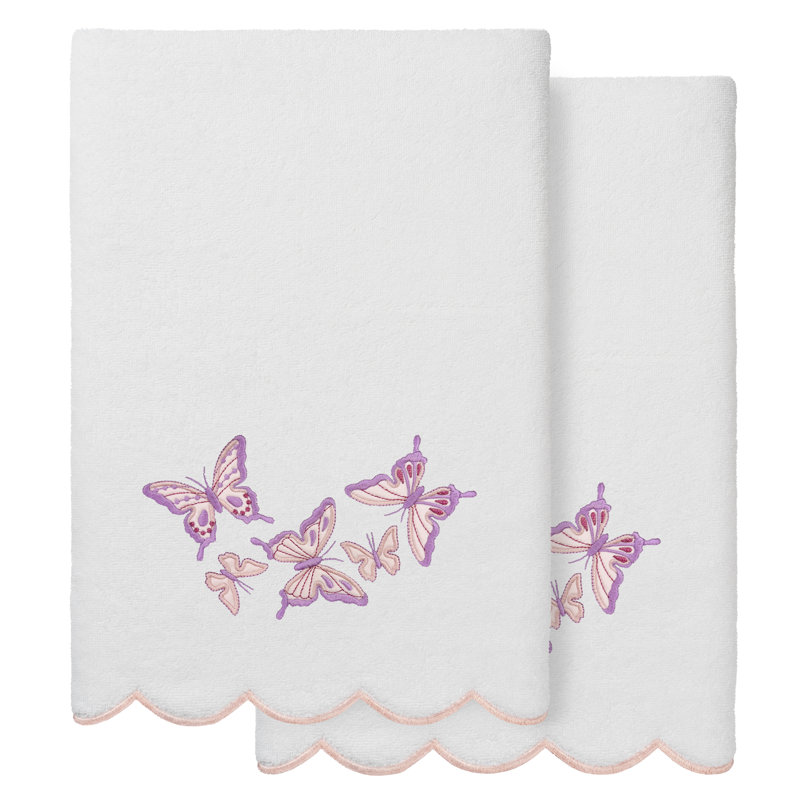 Linum Home Textiles 100% Turkish Cotton Britney Scallop 2Pc Embellished Fingertip Towel Set, White/Pink
