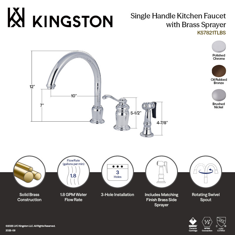 Kingston Brass Templeton Single-Handle Widespread Kitchen Faucet, With Spray, Brushed Nickel