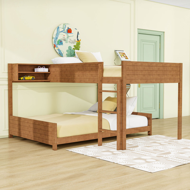 Lit superposé en bois double avec très grand lit double avec tablettes et échelle, Walnut