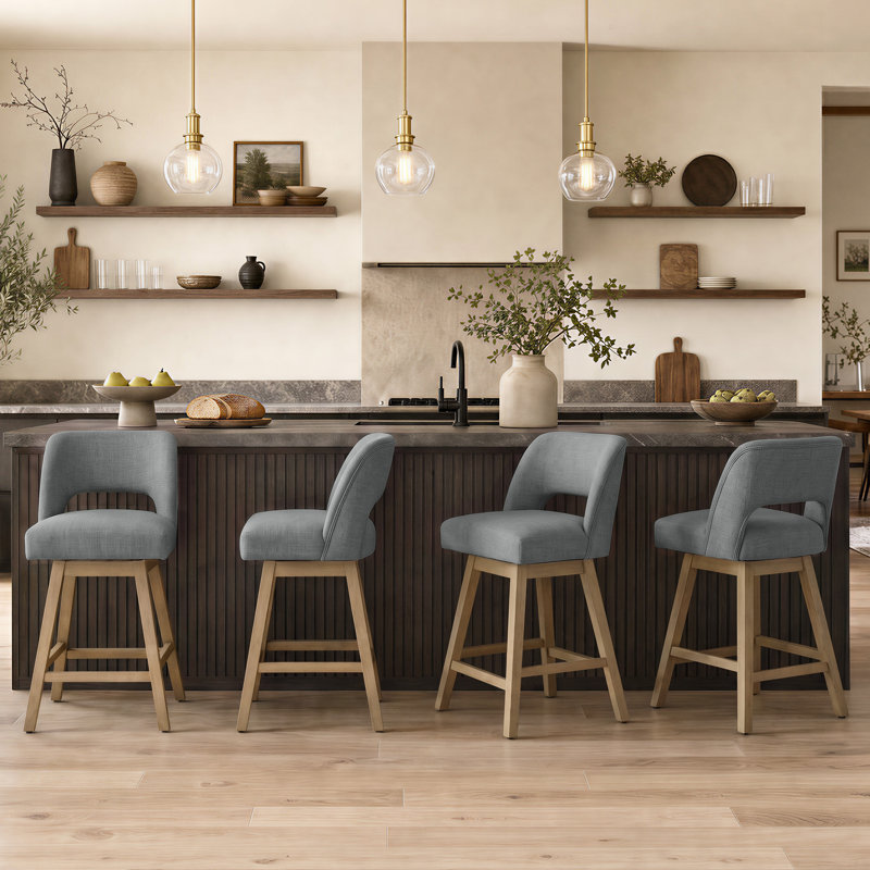 Ensemble de 6 tabourets de bar pivotants de 26 po de hauteur, siège rembourré en polyester sur structure en bois massif, 6
